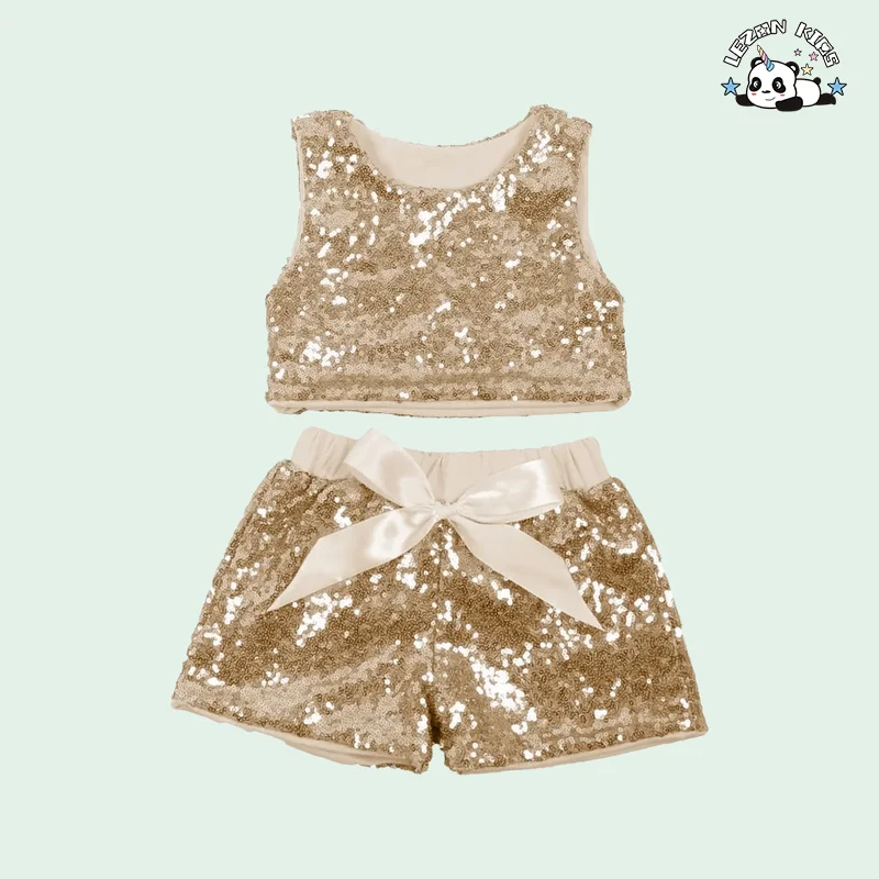 LEZONKIDS - Conjunto de shorts e colete sem mangas com lantejoulas para meninas no verão, roupa de bebê